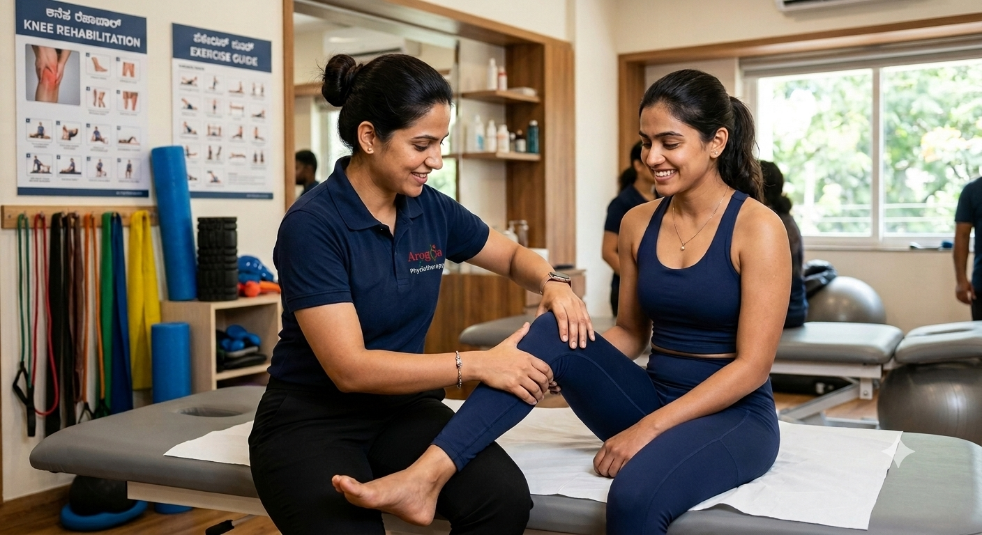Physiotherapist helping a patient stretch in a bright clinic