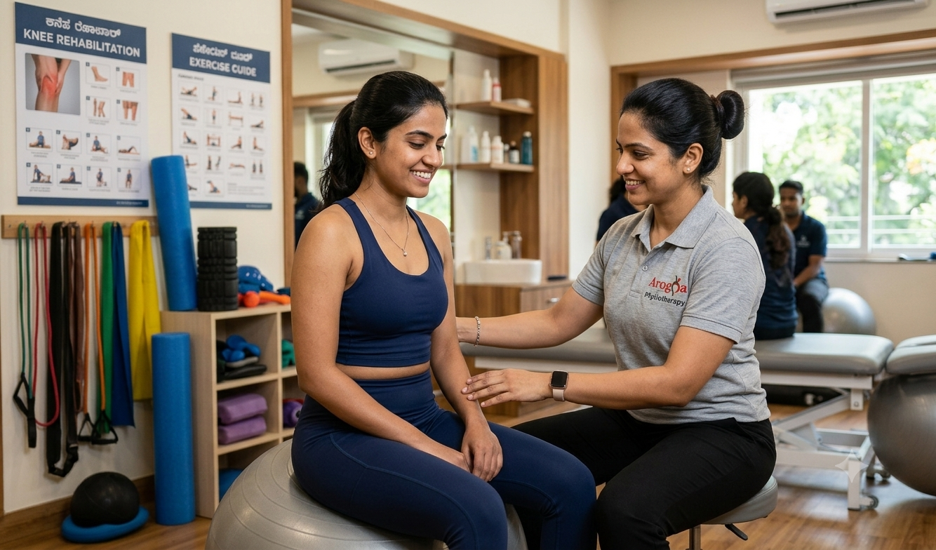 Indian female physiotherapist guiding an Indian female patient