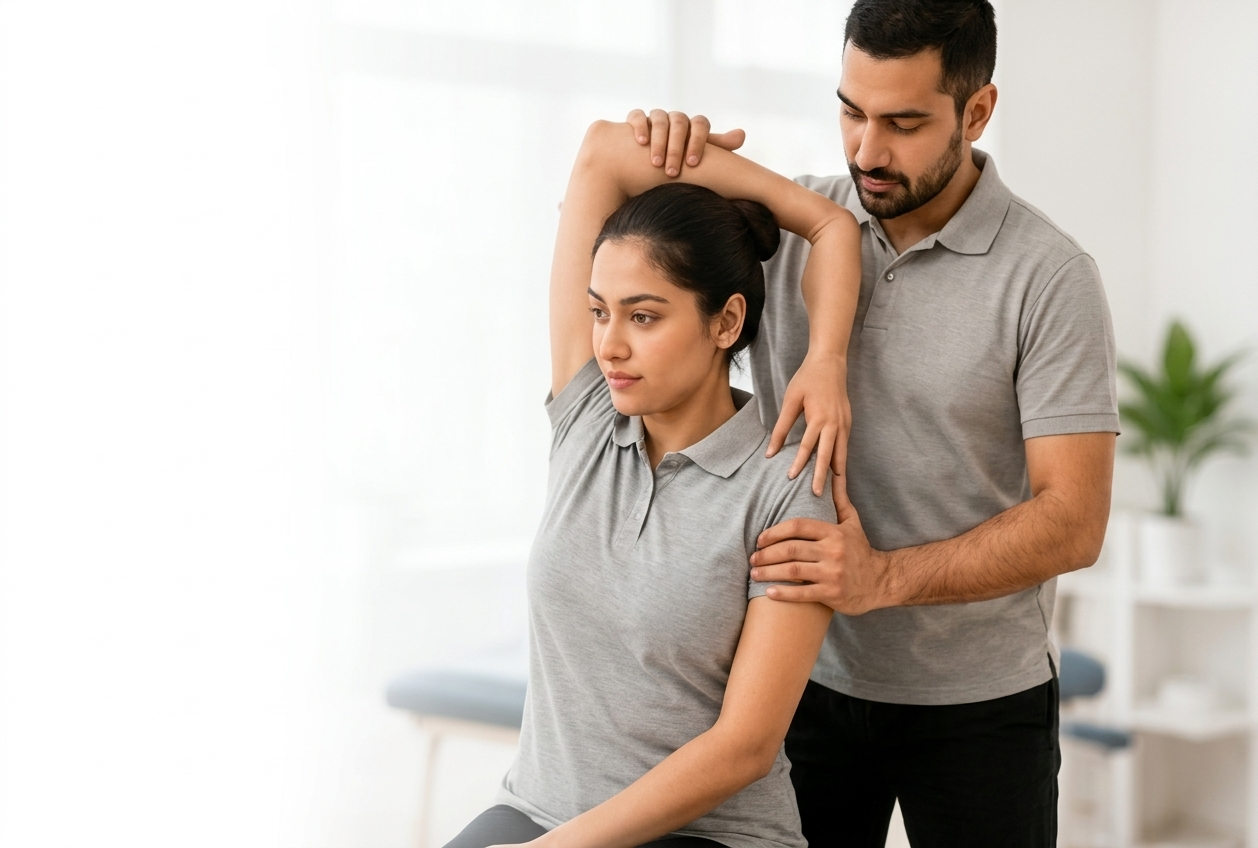Physiotherapist guiding shoulder mobility