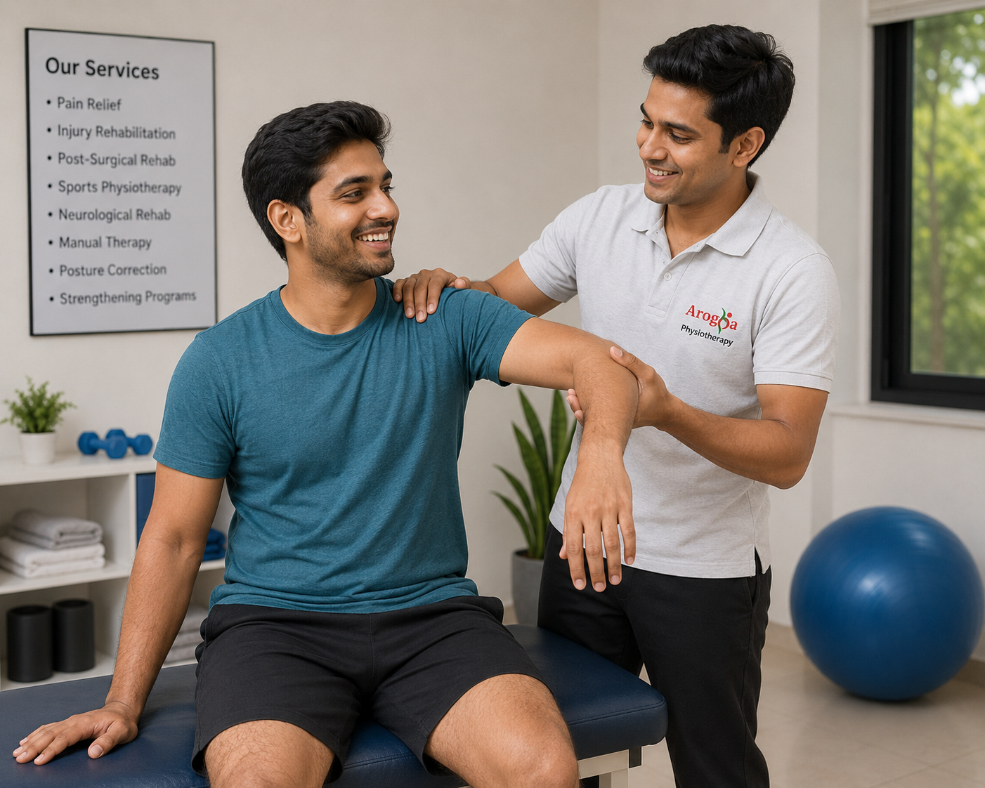 Indian male physiotherapist treating an Indian male patient