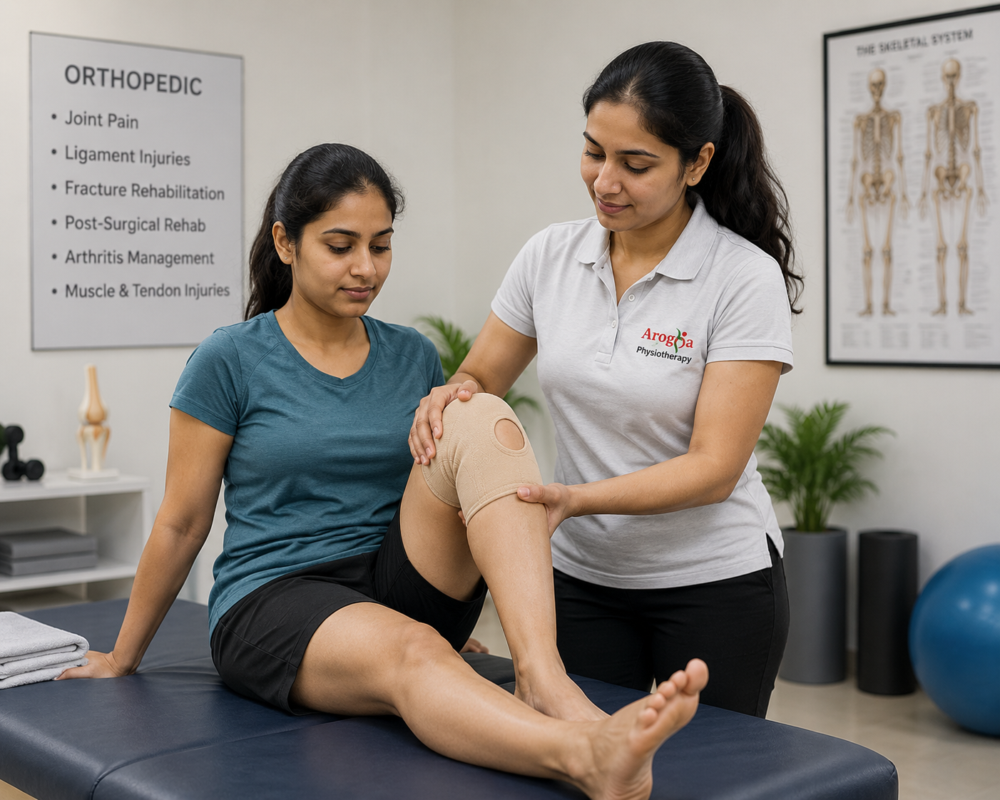 Indian female physiotherapist assisting an Indian female patient with shoulder movement