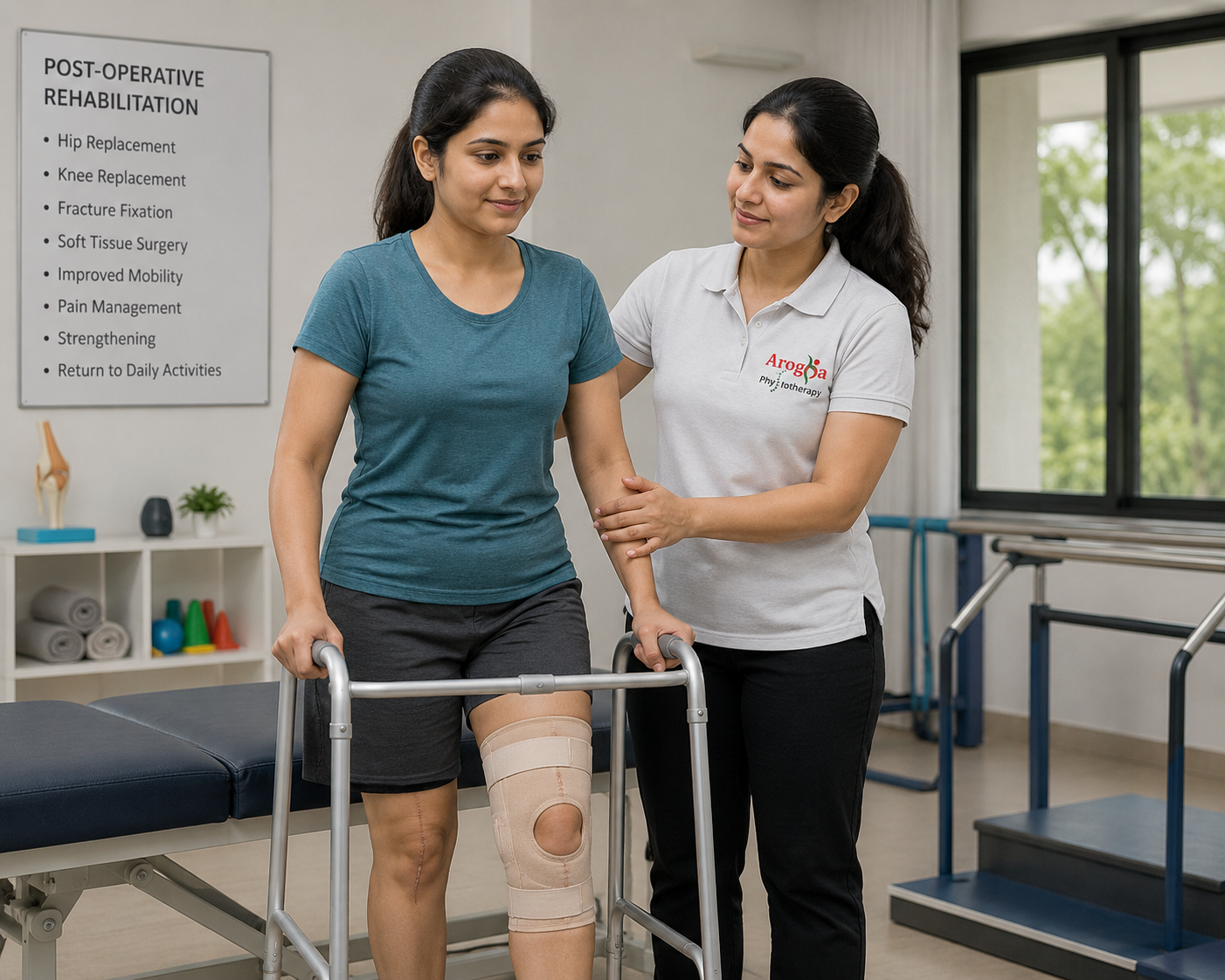 Indian male physiotherapist treating an Indian male patient during recovery