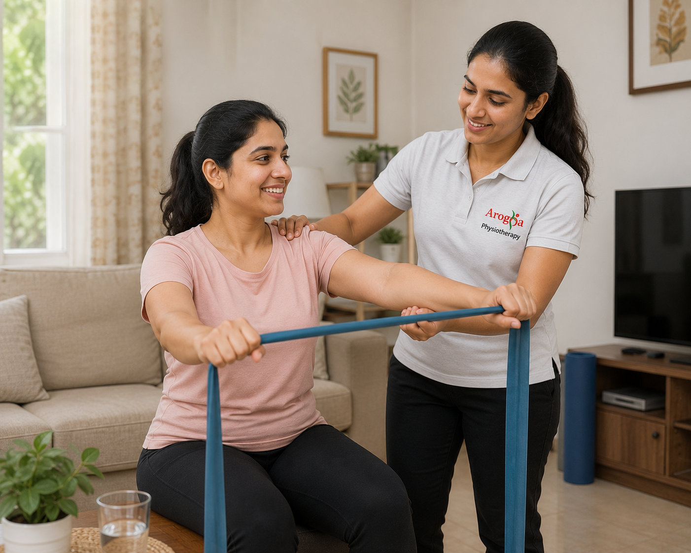 Indian female physiotherapist treating an Indian female patient at home